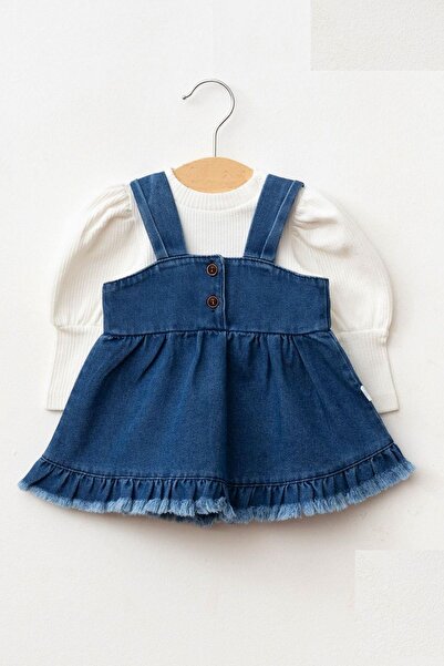 Cantoy Kız Bebek Püsküllü Kot Jile Elbise Balon Bluz Lüks Jean Takım