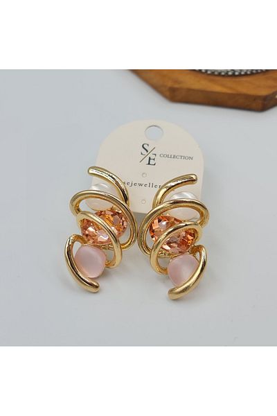 SE Jewellery Collection Selin Ersoy Spiral Spiral Design Colorful Stone Earrings – Gold Color, Modern and Elegant (3.8 X 2 cm)