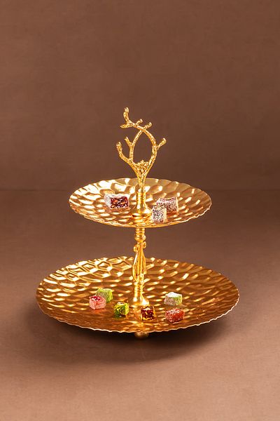 Porsima 2 Tier Gold Round Metal Mini Presentation Rack - Catering Turkish Delight Bowl Cookie Bowl Snack Bowl