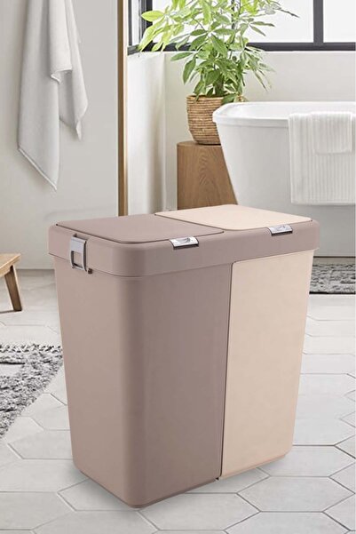 ego home Kahve Krem Mote Ikili Dokunmatik Kirli Sepeti Çamaşır Sepeti 2 Bölmeli Dokunmatik Kapaklı 80 Lt