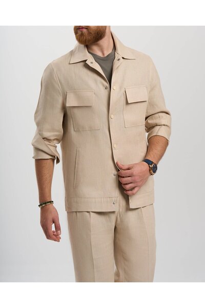 TerziAdemAltun Jachetă slim fit în stil italian din amestec de in bej T13621