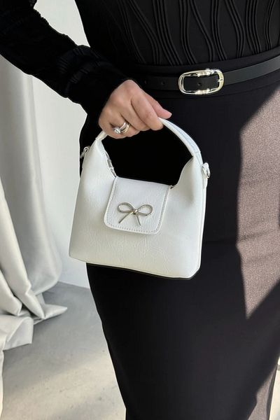 LEONAS Geantă de mână și de umăr pentru femei cu cataramă cu panglică Kittye White