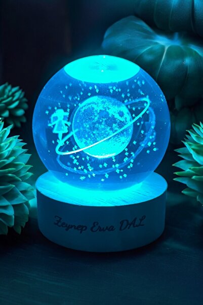 Zeysel store İsme Özel Satürnlü Kız Cam Küre Led Işıklı Renk Değiştiren Kişiye Özel Hediyelik Kristal Top Usb'li