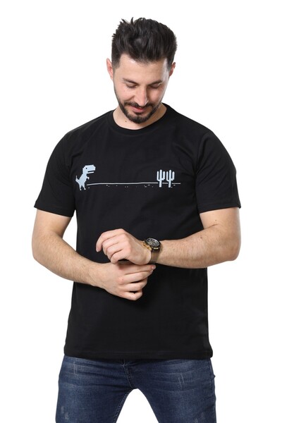 MODA تي شيرت رجالي أسود مطبوع برقبة دائرية من دينو