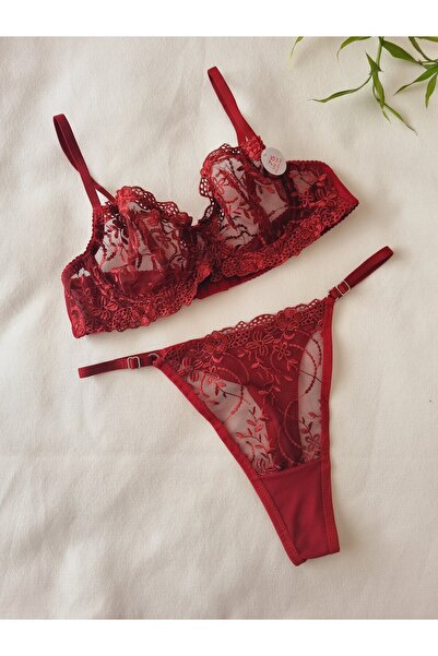 Demirsa Boutique Мереживне квіткове бюстгальтер з банетами бордового кольору ...