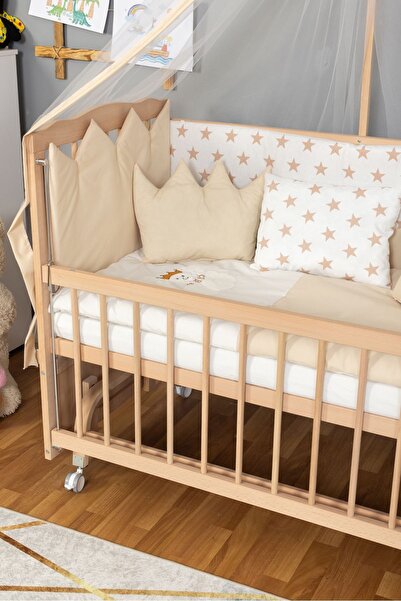 Bamgidoo Doğal Ahşap Anne Yanı Beşik Organik(BOYASIZ) 60x120-krem Nakış(YAZISIZ) Uyku Seti Yatak Tekerlekli