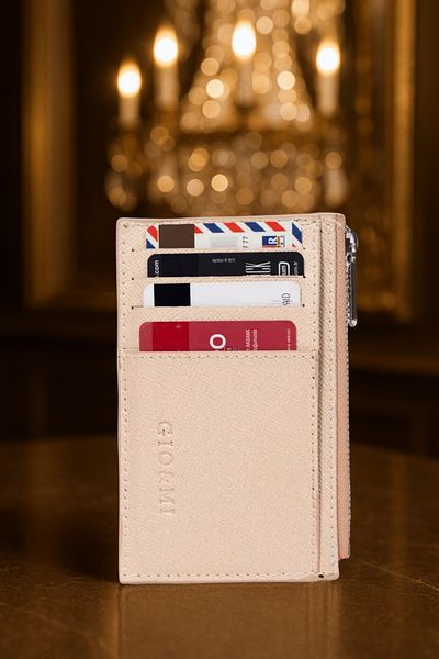 gio&mi Glorya Genuine Leather Women's Beige Card Holder Wallet with Coin Compartment Zipper