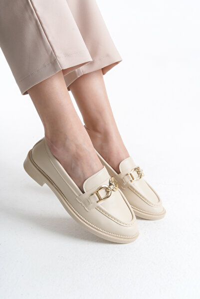 LexasUs Kadın Loafer Altın Rengi Yuvarlak Tokalı Krem İnce Topuklu Hafif Şık Günlük Ayakkabı