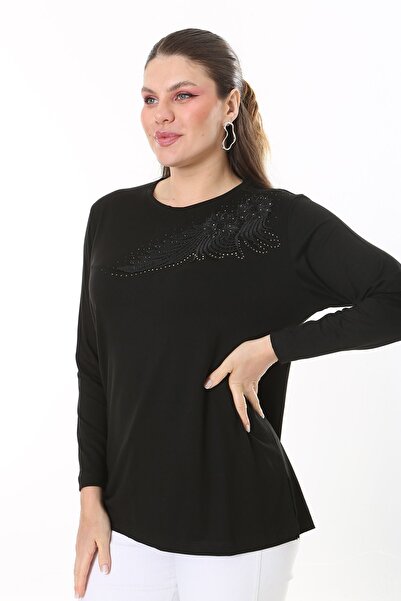 Şans Women's Plus Size Black Applique Lace and Stone Detailed Long Sleeve Blouse 65N37688