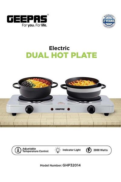 Geepas Dual Hot Plate | Overheat protection | Cast Iron Heating Plate 155mm - Portable Electric Hob with Te