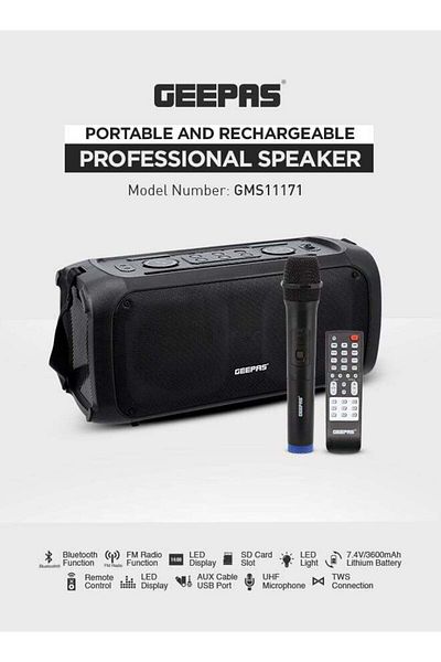 Geepas Portable & Rechargeable Professional Speaker With UHF Microphone, Remote Control, TWS Connection, Bl