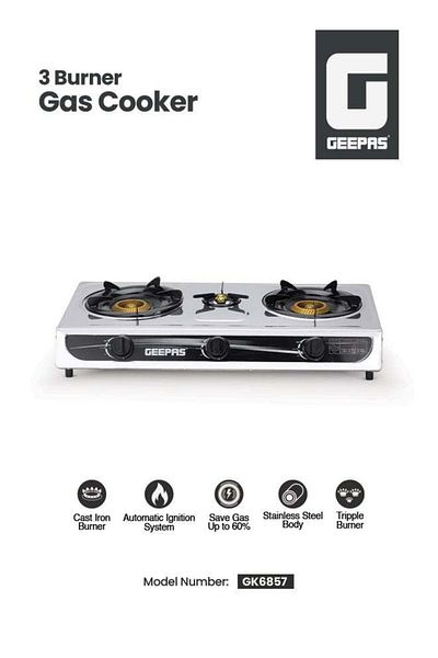Geepas Gas Cooker, 3 Energy Efficient Burners With Heavy Cast Iron Mixing Tube, Low Gas Consumption And Sav