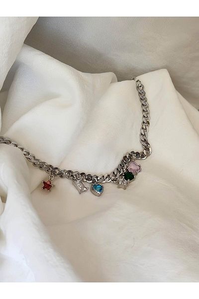 Eva Takı Store Colorful Baguette Gourmet Model Silver Color Steel Bracelet