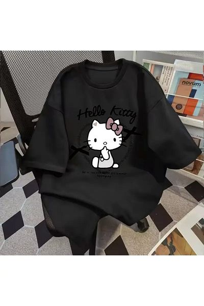 MODARİCH Kitty Graphic T-Shirt - Black Printed Oversize Crew Neck Short Sleeve Loose