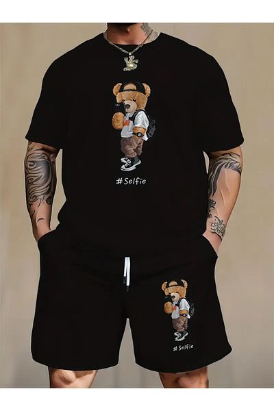 MODARİCH Тениска Selfie Bear Памучни шорти - Черни шорти Тениска с отборен щампа Оувърсайз кръгло деколте