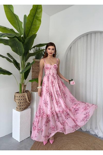 Julidress Φόρεμα Premium σιφόν με ροζ λουράκι με λαιμόκοψη με λουλουδάτο μοτίβο Midi μήκους