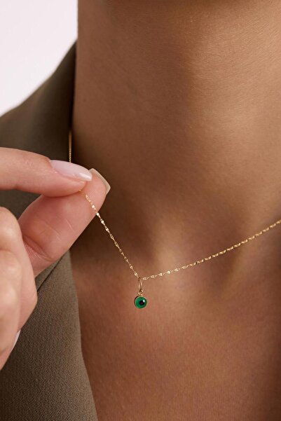 Bayar Gold 14 Ayar Altın Yeşil Nazar Göz Boncuk Aynalı Kolye