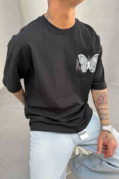 MADZEYMODA Ανδρικό μπλουζάκι Oversize Fit 100% Cotton Crew Neck με στάμπα με πεταλούδα μαύρο T-shirt Mz3007