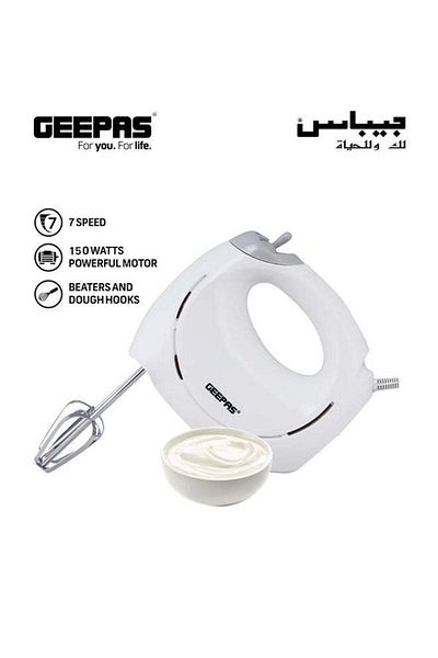Geepas Hand Mixer- 2 beaters and 2 dough hooks- Professional Food & Cake Mixer for Baking | 7 Speed Functio