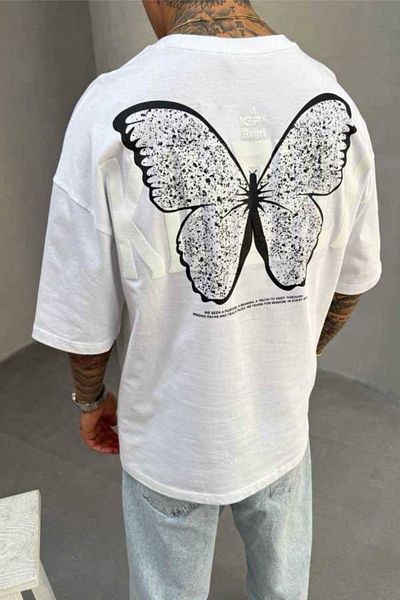MADZEYMODA Ανδρικό μπλουζάκι Oversize 100% βαμβακερό με λαιμόκοψη με πεταλούδα με στάμπα Mz3007