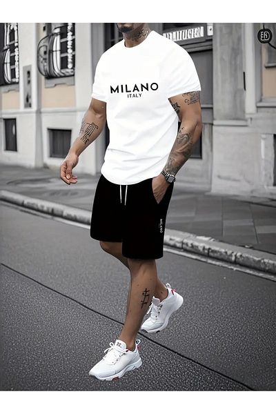 MODARİCH Tricou Milano Italia Pantaloni scurți din bumbac pieptănat - Pantaloni scurți alb negru Tricou cu imprimeu oversize cu gât crew