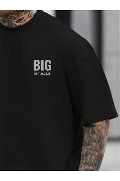 MODARİCH تي شيرت Big Rebrand شورت قطني ممشط - شورت أسود رمادي تي شيرت بدلة مطبوعة برقبة دائرية كبيرة الحجم