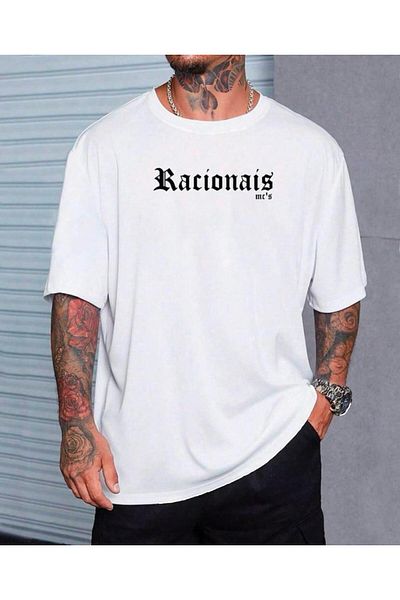MODARİCH Racionais T-Shirt - White Printed Oversize Crew Neck Short Sleeve Loose