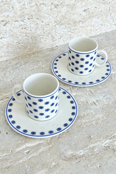 porselenden Nazar Boncuğu Premium Porselen 4 Parça 2 Kişilik Kahve Fincan Takımı 90 ml Lacivert Özel Tasarım