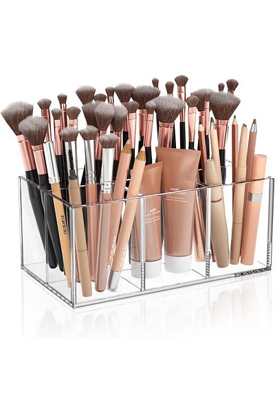 Generic Clear Makeup Brush Holder, Acrylic 6-slot Organizer For Vanity Countertop