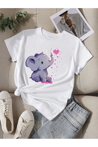 MODARİCH Cute Elephant with Heart T-Shirt - White Printed Oversize Crew Neck Short Sleeve Loose