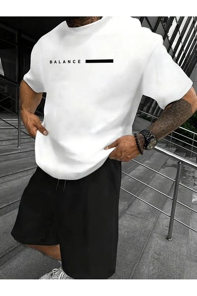 MODARİCH Tricou Balance Stripe Pantaloni scurți din bumbac pieptănat - Pantaloni scurți alb negru Tricou Imprimat cu echipă Oversize Crew Deck