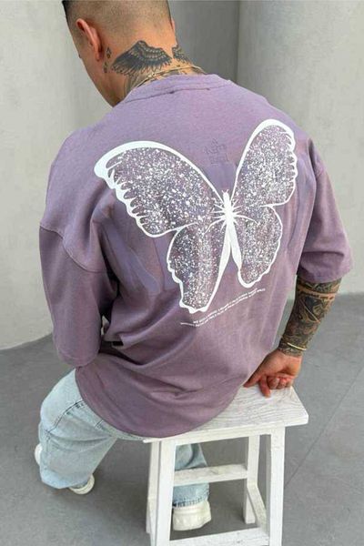 MADZEYMODA Ανδρικό μπλουζάκι Oversize Fit 100% βαμβακερό με λαιμόκοψη με πεταλούδα με στάμπα δαμάσκηνο Mz3007