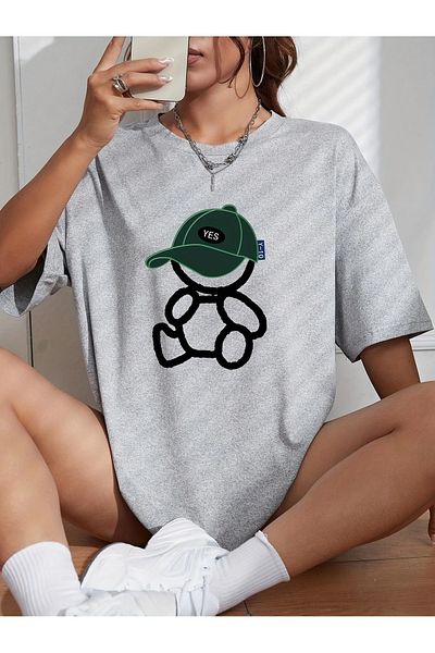 MODARİCH Hat Teddy Bear T-Shirt - Gray Printed Oversize Crew Neck Short Sleeve Loose