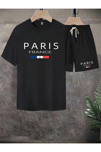 MODARİCH Тениска Paris France от пениран памук - Черни шорти Тениска с отборен щампа Оувърсайз кръгло деколте