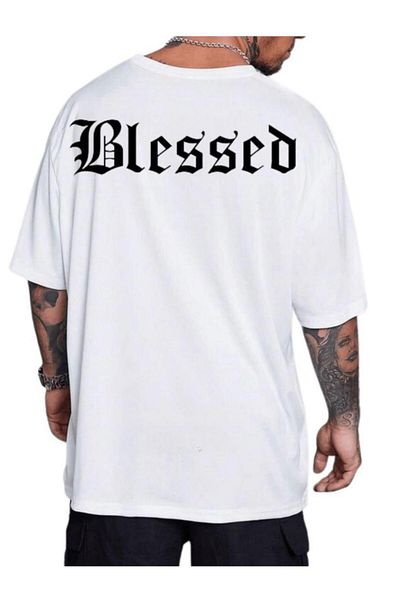 MODARİCH Blessed T-Shirt - White Printed Oversize Crew Neck Short Sleeve Loose