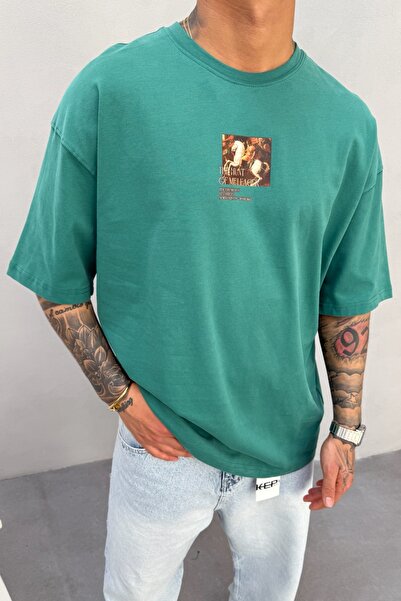 MADZEYMODA Ανδρικό μπλουζάκι Oversize Fit 100% βαμβακερό με λαιμόκοψη με στάμπα πράσινο Mz3021