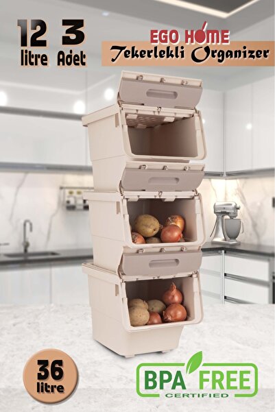ego home 3lü Tekerlekli Patateslik Soğanlık Oyuncak Kutusu Sebzelik Patates Soğan Sepeti Mote Krem 36 Lt