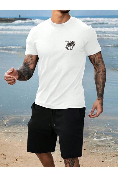 MODARİCH تي شيرت Malibu Vibe شورت قطني ممشط - شورت أبيض وأسود تي شيرت بدلة مطبوعة برقبة دائرية كبيرة الحجم