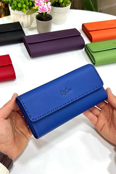 CüzCan Hilton Saks Blue Genuine Leather Women's Wallet with Knitted Detail