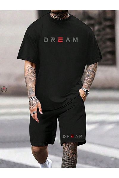 MODARİCH شورت قطني ممشط من Dream T-shirt - شورت أسود تي شيرت مطبوع برقبة دائرية كبيرة الحجم