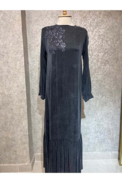 Puane 25Y12597 ELBİSE ETEK UCU FIRFIR KOL İŞLEME DETAYLI ANTRASİT