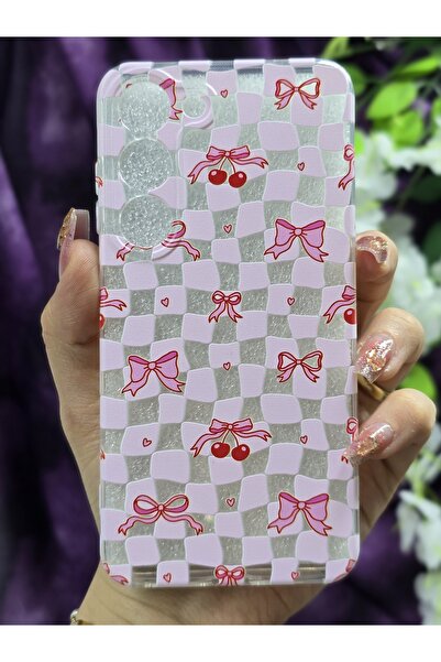 Magic Ring Samsung Galaxy S23 Uyumlu Fiyonk ve Kiraz Desenli Şeffaf Telefon K...