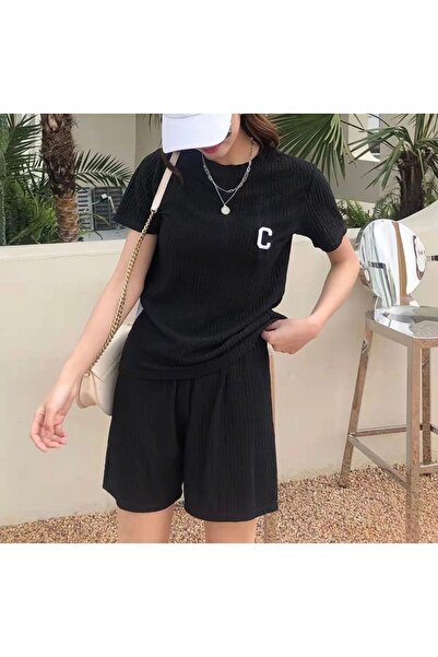 MODARİCH Letter C T-Shirt Combed Cotton Shorts - Black Gray Shorts T-Shirt Se...