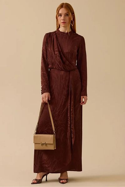 SEÇİL Women's Shiny Textured Patterned Maxi Dress - Brown