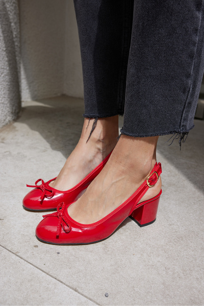 ANGELİNA JONES Dorado Women's Red Patent Leather Thick Heel Slingback Heeled Shoes