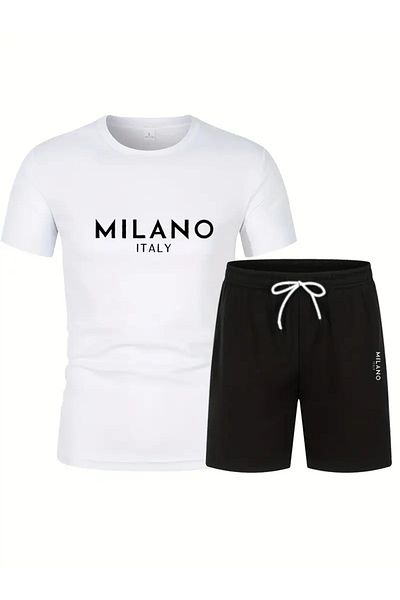 MODARİCH Tricou Milano Italia Pantaloni scurți din bumbac pieptănat - Pantaloni scurți alb negru Tricou cu imprimeu oversize cu gât crew