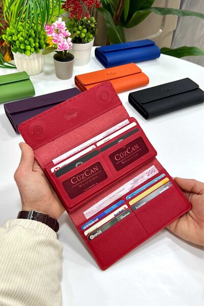CüzCan Hilton Red Genuine Leather Women's Wallet with Knitted Detail
