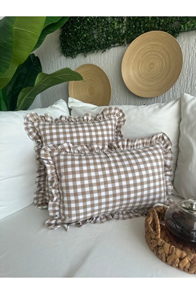 Decamor home Vintage Ruffled Gingham Linen Beige Throw Pillow Cover Checkered Bohemian Throw Pillow Cover 1 Piece
