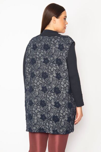 Şans Women's Large Size Navy Blue Jacquard Patterned Front Snap Button Pocket Vest 65n29626