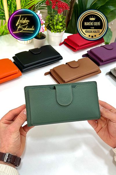 CüzCan Zurich Unisex Khaki Green Γνήσιο Δερμάτινο Χαρτοφυλάκιο Χεριού με θήκη τηλεφώνου